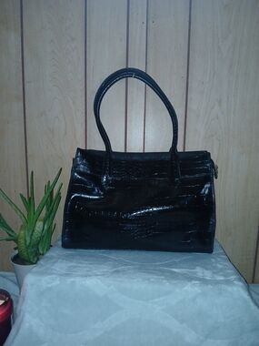Black Croc-Embossed Shoulder Bag